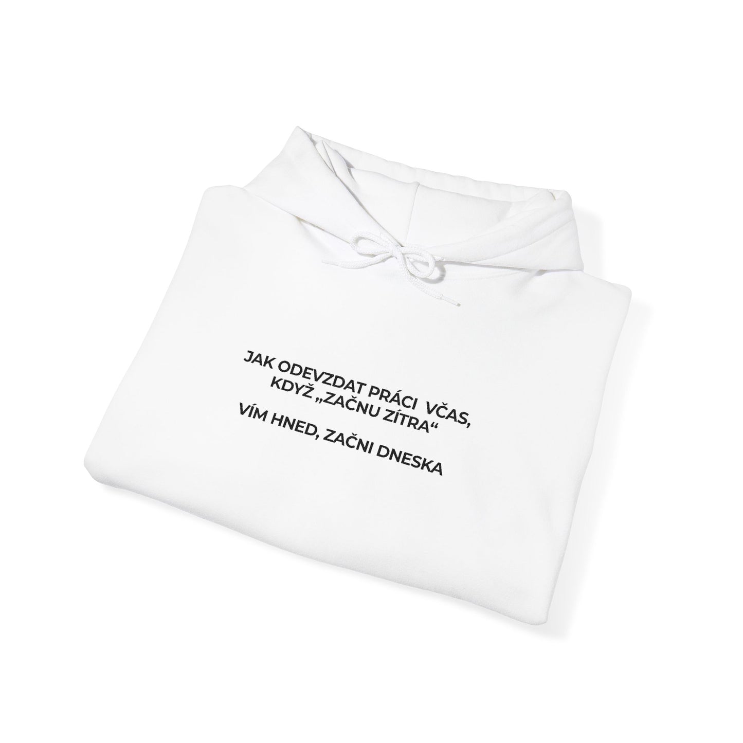 Bílá unisex mikina s kapucí VÍM HNED – minimalistický potisk