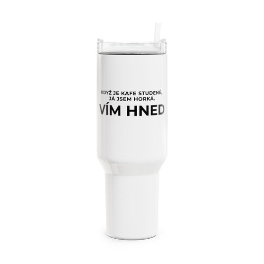 White KNOW NOW thermal mug with handle - PRINT - 1.18 l
