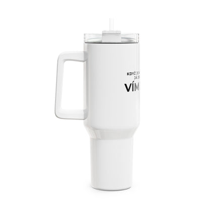 Bílý termohrnek VÍM HNED s uchem – POTISK – 1,18 l
