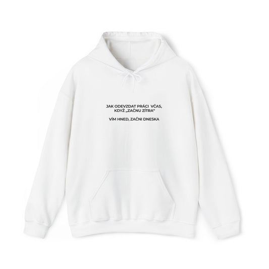 White unisex hoodie VÍM HNED – minimalist print