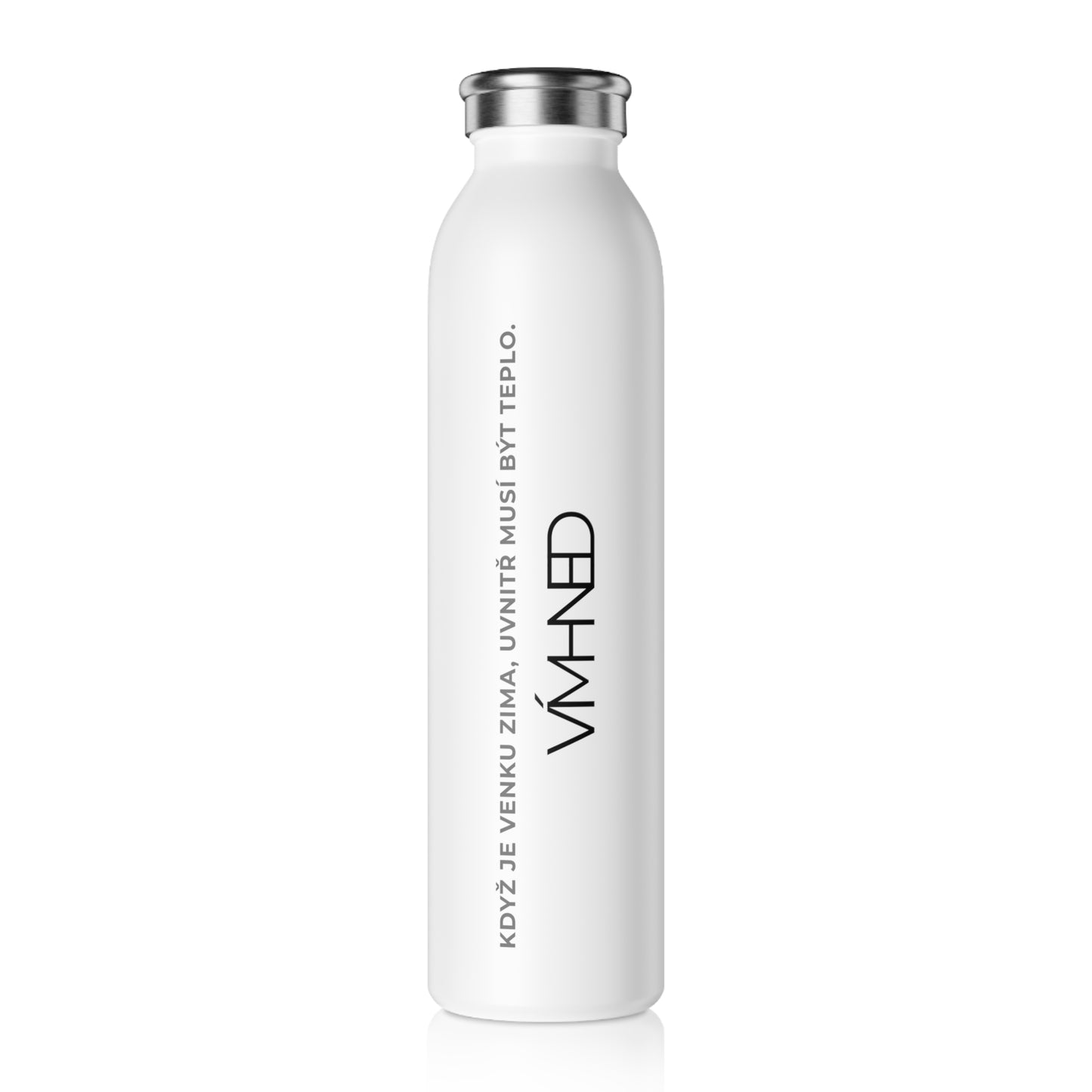 Bílá termo láhev VÍM HNED – VERTIKÁLNÍ POTISK – 591 ml